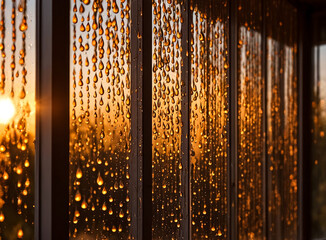 Rain drops on glass for orange backgrounds rainy fall autumn weather. Abstract background with raindrops on window and blurred daylight. Outside window is blurred bokeh water of city. Copy space