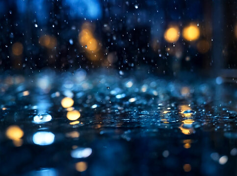 Abstract blue background with raindrops on window and night blurred light. Rain drops on glass for backgrounds rainy fall autumn weather. Outside window is blurred bokeh water of night city