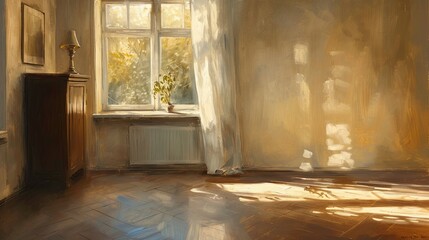 An intimate interior scene, with sunlight streaming through a window, casting patterns on the floor and walls. Oil painting. 
