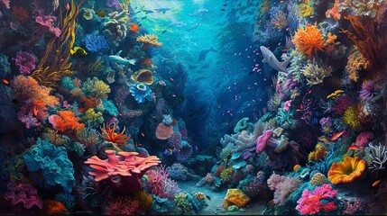 Fototapeta na wymiar An underwater scene, teeming with colorful coral and marine life. Oil painting. 