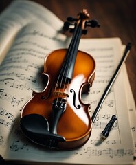 Naklejka premium glossy polished violin and music notebook 