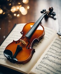 glossy polished violin and music notebook
