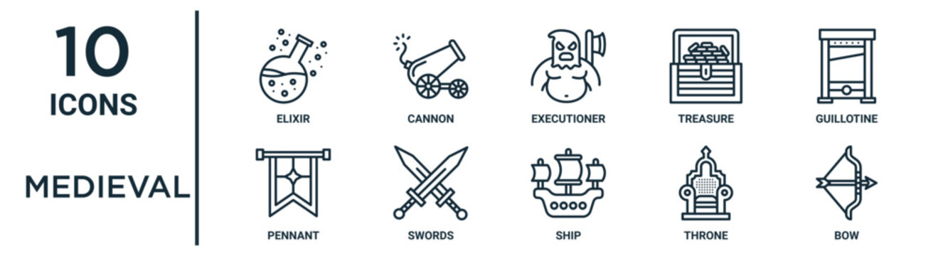 medieval outline icon set such as thin line elixir, executioner, guillotine, swords, throne, bow, pennant icons for report, presentation, diagram, web design