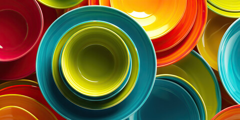 Ceramic Dinnerware: Close-up of Colorful Ceramic Plates and Bowls, Adding a Pop of Color to the Dining Table