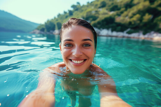 Selfie image of mature happy young woman swim in the lake in middle of beautiful natural landscape