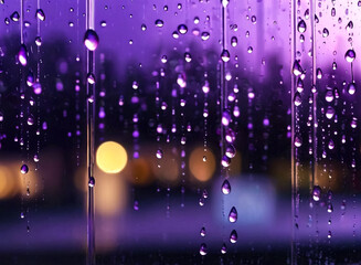 Raindrops on glass for purple backdrop rainy fall autumn weather. Abstract backgrounds with rain drops on window and blurred day sky. Outside window is blurred bokeh water background. Copy space
