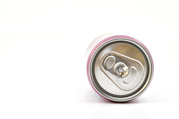 Close up view of the end of a ring pull drinks can lying on its side isolated on a white background. Copy space.