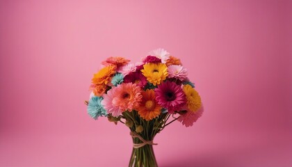 person demonstrating bunch of colorful flowers against pink background

 - obrazy, fototapety, plakaty