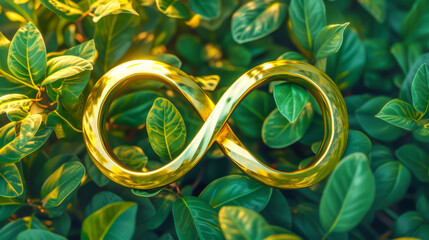 Golden infinity symbol sign on nature background with green leaves. World autism awareness day, autism rights movement, neurodiversity, autistic acceptance movement - obrazy, fototapety, plakaty
