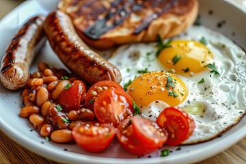 A classic English breakfast with fried eggs, sausages, baked beans, and grilled tomatoes