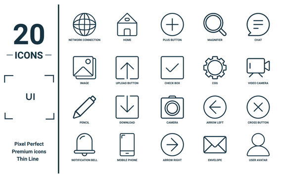 ui linear icon set. includes thin line network connection, image, pencil, notification bell, user avatar, check box, cross button icons for report, presentation, diagram, web design