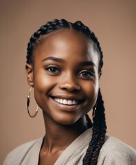 portrait of African girl with braided hair and smiling smile, isolated white background. copy space
