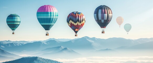 Fototapeta na wymiar Hot air balloons flying over spectacular winter mountains landscape