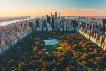 A bird eye view over Central Park with Nature, Skyscrapers Cityscape - obrazy, fototapety, plakaty