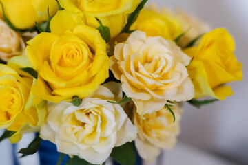 Close-up of beautiful and fresh flowers at home. Yellow and white roses