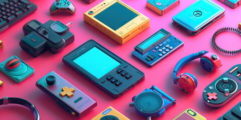 90s Gadgets like Brick Cell Phones, Walkmans, and Game Boys in a Technicolor Palette - obrazy, fototapety, plakaty