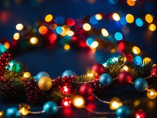 Obraz na płótnie Canvas christmas bokeh lights over dark blue background, holiday illumination and decoration concept