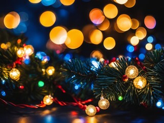 christmas bokeh lights over dark blue background, holiday illumination and decoration concept