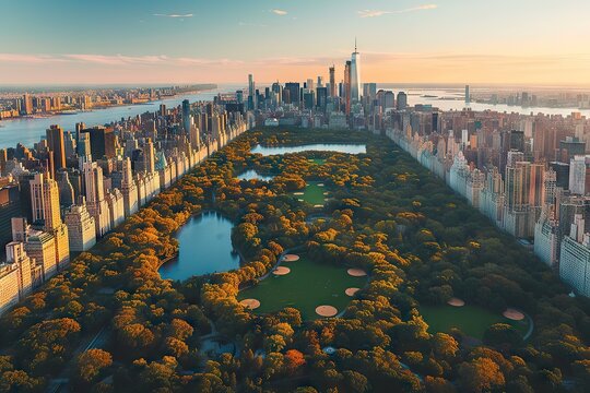 A bird eye view over Central Park with Nature, Skyscrapers Cityscape
