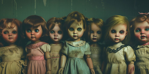 Creepy Dolls: An Illustration of Vintage Dolls with Blank Stares and Unsettling Grins, Set in a Dimly Lit Room