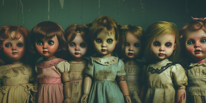 Creepy Dolls: An Illustration of Vintage Dolls with Blank Stares and Unsettling Grins, Set in a Dimly Lit Room