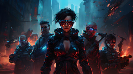 Fototapeta na wymiar Cyberpunk team of heroes fighting invasion