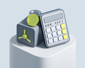 3d icon of safe and calculator with silver coins. 3d illustration for finance and banking on white background. Financial concept with minimal stylized objects on square platform