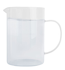 Transparent glass jug with water on empty background