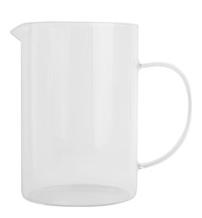 Transparent glass water jug on empty background
