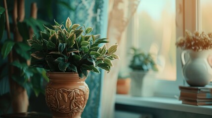 A potted plant sits on top of a table next to a window. This image can be used to depict indoor gardening or adding greenery to a living space