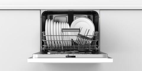 A dishwasher filled with white dishes. Suitable for kitchen appliance or household concept