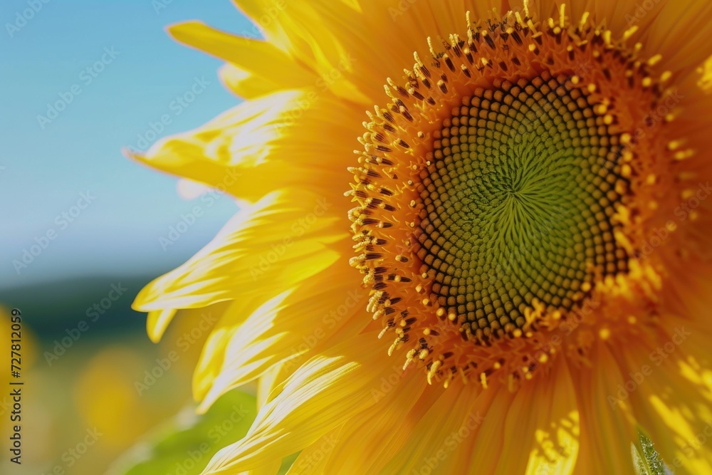 Poster a close-up photograph of a vibrant sunflower standing tall in a field. this image captures the intri