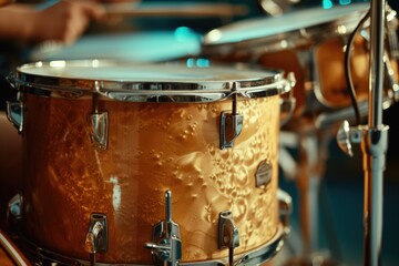 A close-up photograph of a drum with a person in the background. This image can be used to represent music, percussion instruments, or live performances