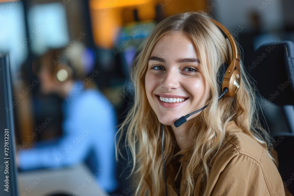 Poster A smiling woman wearing a headset while sitting in front of a computer. Suitable for customer service, call centers, or remote work concepts