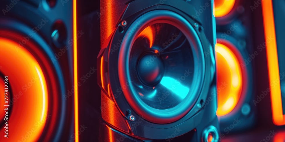 Poster a detailed view of a pair of speakers. perfect for music-related projects or advertisements