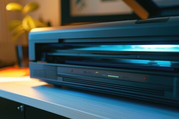Obraz premium A detailed view of a DVD player placed on a desk. Suitable for illustrating technology, home entertainment, or multimedia concepts