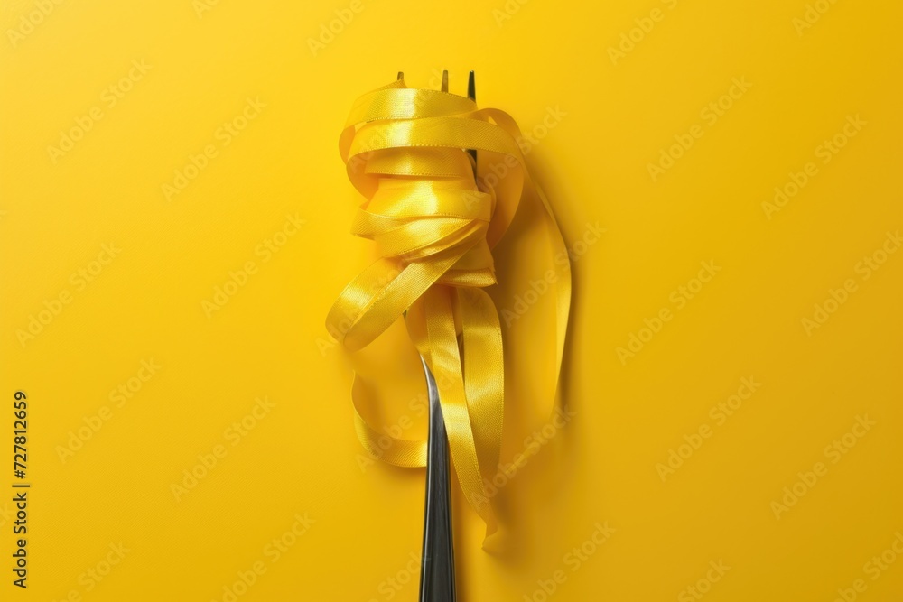Poster A fork wrapped in a yellow ribbon on a vibrant yellow background. This versatile image can be used for various themes and occasions