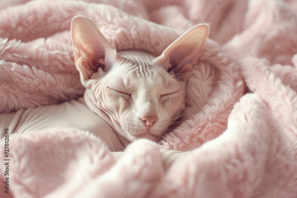 Aufkleber a peaceful image of a cat sleeping soundly on a soft pink blanket. perfect for adding a touch of coz