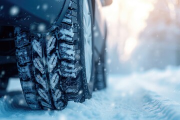 A close up of a tire on a snowy road. Perfect for winter driving or road safety concepts