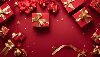 red gifts with golden bows and ribbons placed on red background near stars, above view, copy space

