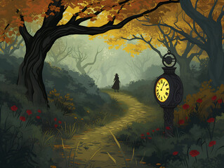 Enchanted Twilight Forest Scene with Vintage Illuminated Clock - Fairy Tale Pathway Concept and Magical Hour Illustration