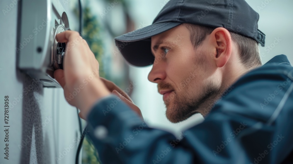 Poster a man in a hat is fixing a light switch. this image can be used to illustrate electrical repairs or 