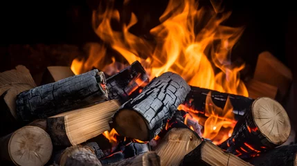 Photo sur Plexiglas Texture du bois de chauffage Close up shot of burning firewood in the fireplace. Generative AI.