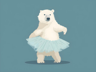 Polar Bear Ballet Dancer Illustration in Tutu: Quirky Wildlife and Dance Fusion, Joyful Cartoon Animal Concept, Light Blue Neutral Backdrop
