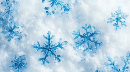 A bunch of snow flakes in the snow. Perfect for winter-themed designs and holiday projects