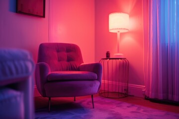 A room with a chair and a lamp turned on. This image can be used to depict a cozy and inviting atmosphere in a living space