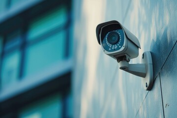 A security camera mounted on the side of a building. Suitable for use in surveillance and security-related projects
