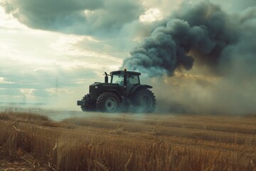 Fototapeta premium A tractor in a field releasing smoke. Suitable for depicting agricultural activities.