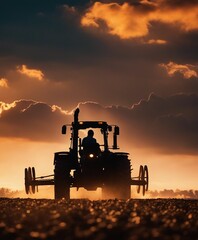 silhouette of farmer on tractor fixed with harrow plowing agriculture field soil during dusk and orange sunset

