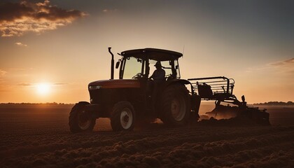 silhouette of farmer on tractor fixed with harrow plowing agriculture field soil during dusk and orange sunset
